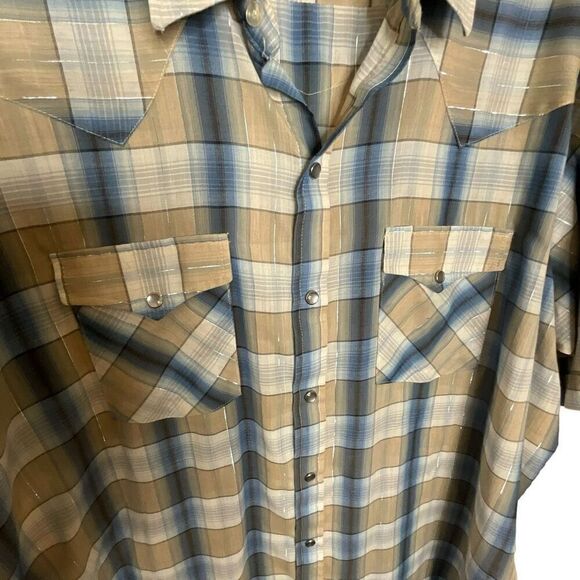 Vtg Dee Cee Rangers Men 2XL Western Pearl Snap Shirt Tan Blue Plaid Short Sleeve - Picture 3 of 9